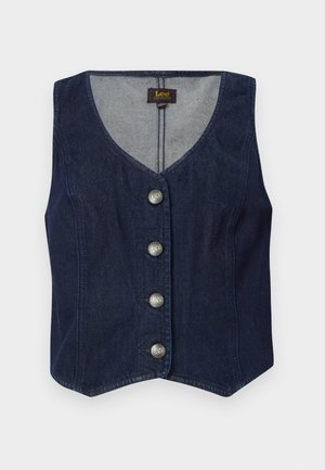 Dark denim vest with a V-neckline, five metallic buttons, and a fitted design. Features a straight hem and inner lining in a lighter fabric.