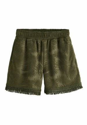 Olivengrønne shorts med elastisk linning, tekstureret bladmønster, sidelommer og frynsekant langs kanten.
