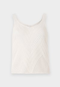 Lightweight white knitted tank top with a chevron pattern, featuring narrow shoulder straps and open weave texture.