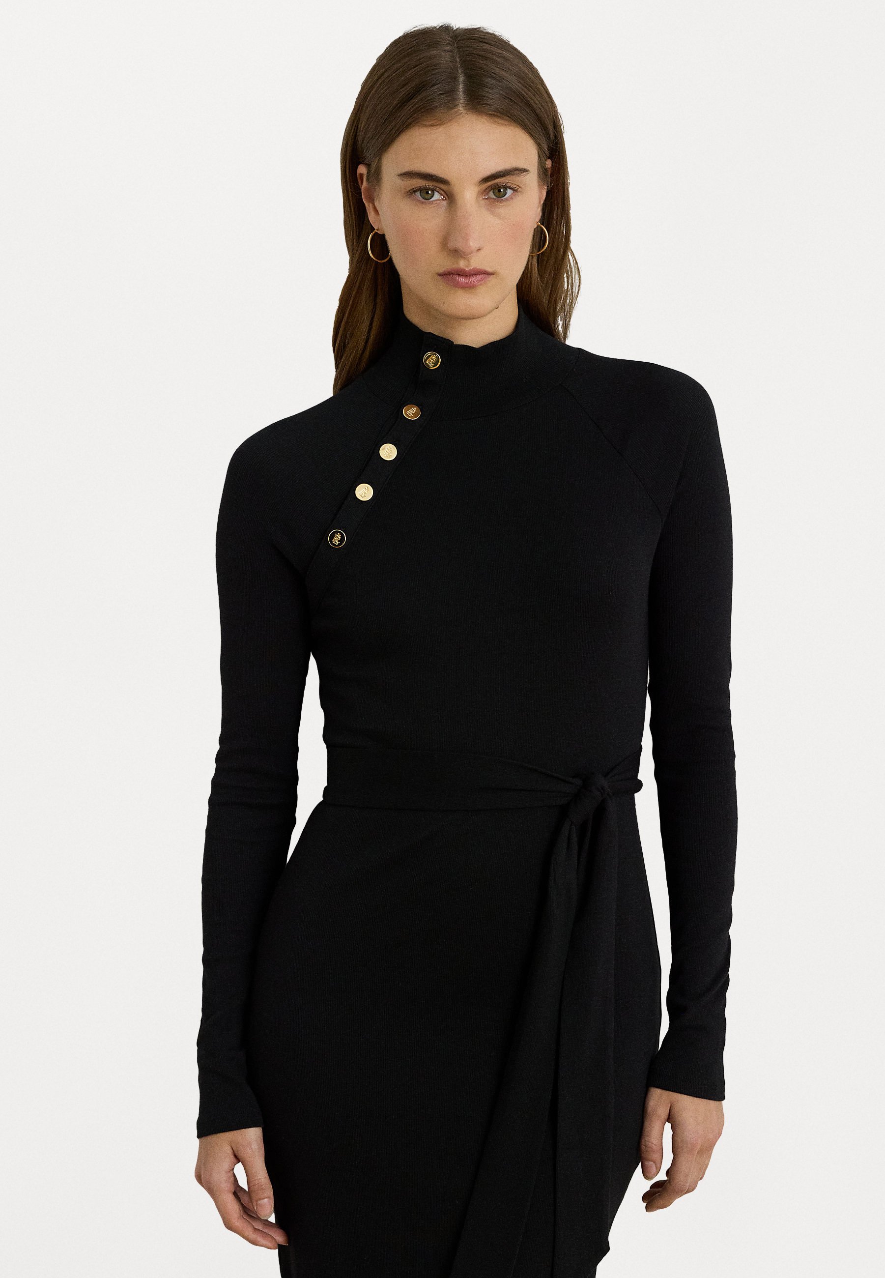 Lauren Ralph Lauren BUTTON-TRIM RIB-KNIT MOCKNECK DRESS - Day dress - black  - Zalando.co.uk
