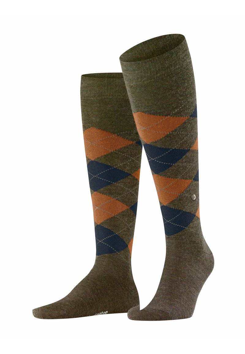 Calze al ginocchio realizzate in un materiale testurizzato, caratterizzate da un motivo geometrico a losanghe in tonalità verde, navy e arancione.