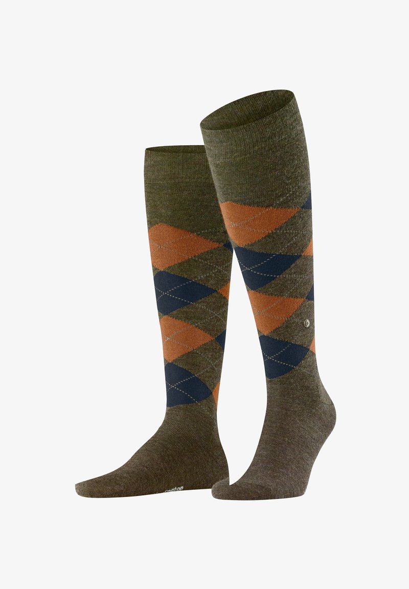 Calze al ginocchio realizzate in un materiale testurizzato, caratterizzate da un motivo geometrico a losanghe in tonalità verde, navy e arancione.