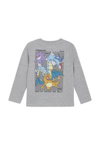 Graues Langarm-T-Shirt mit gedruckten Pokémon-Charakteren, darunter Gyarados, Glurak und Gengar, mit einem Gitterhintergrund und dem Text "Gotta Catch Em All!"