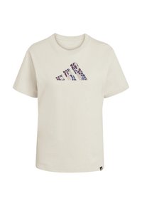 Camiseta de algodón color crema con un logo texturizado en tonos púrpura y azul. Diseño de mangas cortas y cuello redondo.