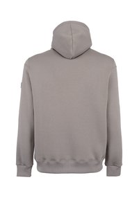 Felpa con cappuccio in cotone leggero grigio chiaro, caratterizzata da una texture liscia, polsini a costine e una tasca a marsupio. La vista posteriore mostra il cappuccio.