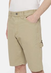Beige verkkoshortsit, joissa on vyölenkki, sivutaskut ja ommellut helmat. Valmistettu kestävästä kankaasta, joka on yksinkertainen ja käytännöllinen.