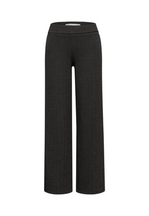 Zwarte wijde broek in een visgraatpatroon, met een platte tailleband en vloeiende stof, ontworpen voor comfort en veelzijdigheid.