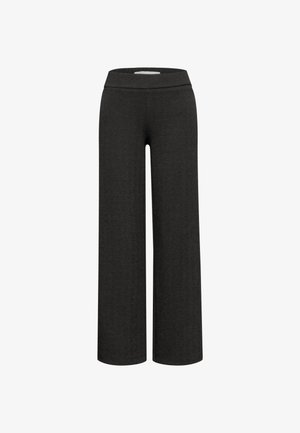 Pantaloni neri a gamba larga con motivo a spina di pesce, dotati di vita piatta e tessuto fluido, progettati per comfort e versatilità.