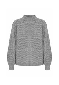 Gray knitted sweater with a high neckline and ribbed cuffs. Textured pattern throughout, loose fit, and raglan sleeves.