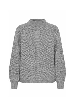 Sivý pletený sveter s vysokým výstrihom a rebrovanými manžetami. Textúrovaný vzor po celom svete, vo voľnom strihu a s raglánovými rukávmi.