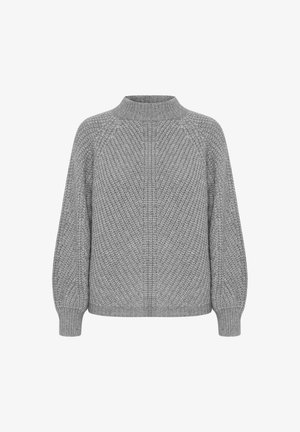 Grauer gestrickter Pullover mit hohem Kragen und gerippten Bündchen. Strukturmuster über das ganze Kleidungsstück, lockere Passform und Raglanärmel.