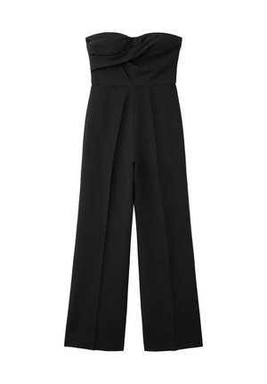 Combinaison noire bustier à larges jambes avec un détail torsadé au niveau de la poitrine et une taille cintrée.