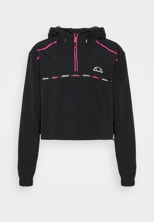 Veste noire courte à capuche avec fermeture éclair rose, détails en passepoil rose, poignets élastiques et bande avec le logo de la marque ellesse sur la poitrine.