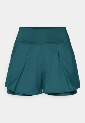Shorts de sport teal avec taille haute, présentant des plis, une texture lisse et un tissu respirant. Convient pour le sport.