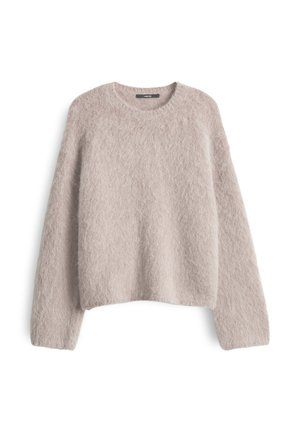 Light beige fuzzy knit sweater with long sleeves and crew neckline, displayed flat on a white background.