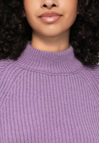 Svetlo vijolični pleteni pulover z žametenim vzorcem in visokim ovratnikom, ki se ponaša z gladko obdelavo in subtilnimi podrobnostmi na ramah.