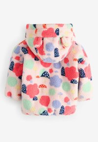 Fleecetröja med huva, med en pastellrosa bakgrund dekorerad med färgglada prickar och former i blått, grönt, rött och lila.