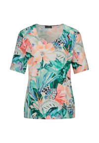 Chemise à manches courtes et col en V avec un motif floral tropical vibrant dans des tons de vert, rose, bleu et pêche.