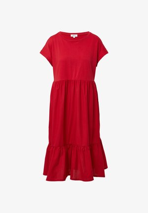 Rotes Baumwollkleid mit kurzen Ärmeln und rundem Halsausschnitt. Verfügt über eine geraffte Taille und einen ausgestellten Rock mit einem Rüschensaum.