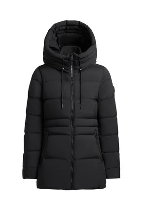 Chaqueta de invierno acolchada negra con cuello alto, cierre frontal de cremallera y capucha ajustable con cordón. Presenta bolsillos laterales con cremallera. Textura suave.