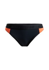 Svart bikiniunderdel med orange sidodetaljer, försedd med en tjock svart midjeresår präglad med "ROXY." Tillverkad av mjukt, elastiskt material.