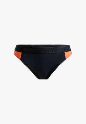 Zwarte bikini onderkant met oranje zijaccenten, voorzien van een brede zwarte tailleband waarin "ROXY" is gedrukt. Gemaakt van glad, rekbaar materiaal.