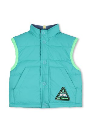 Veste sans manches matelassée turquoise avec boutons-pression à l'avant, deux poches, col montant, bordure verte et un patch "For Fun Only" sur la poche inférieure gauche.