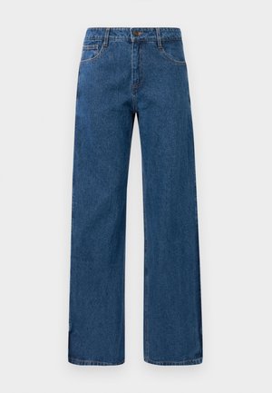 Blue high-waist wide-leg jeans with front and back pockets, button closure, and visible stitching on a white background.