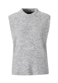 Ärmelloses graues Rippenstrickoberteil mit hohem Ausschnitt, das eine strukturierte Oberfläche und einen lässigen Schnitt aufweist, ideal für das Layering.