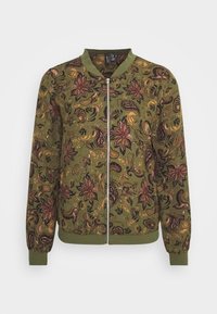 Grön bomberjacka med blommiga och paisleymönster, dragkedja framtill och ribbade muddar och hem. Tillverkad av ett mjukt, texturerat tyg.