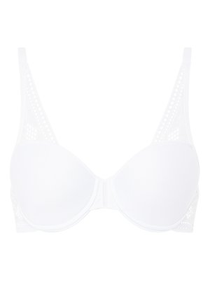 Reggiseno bianco con coppe lisce e spalline regolabili. I lati presentano un motivo in pizzo testurizzato, che offre supporto e un elemento decorativo.