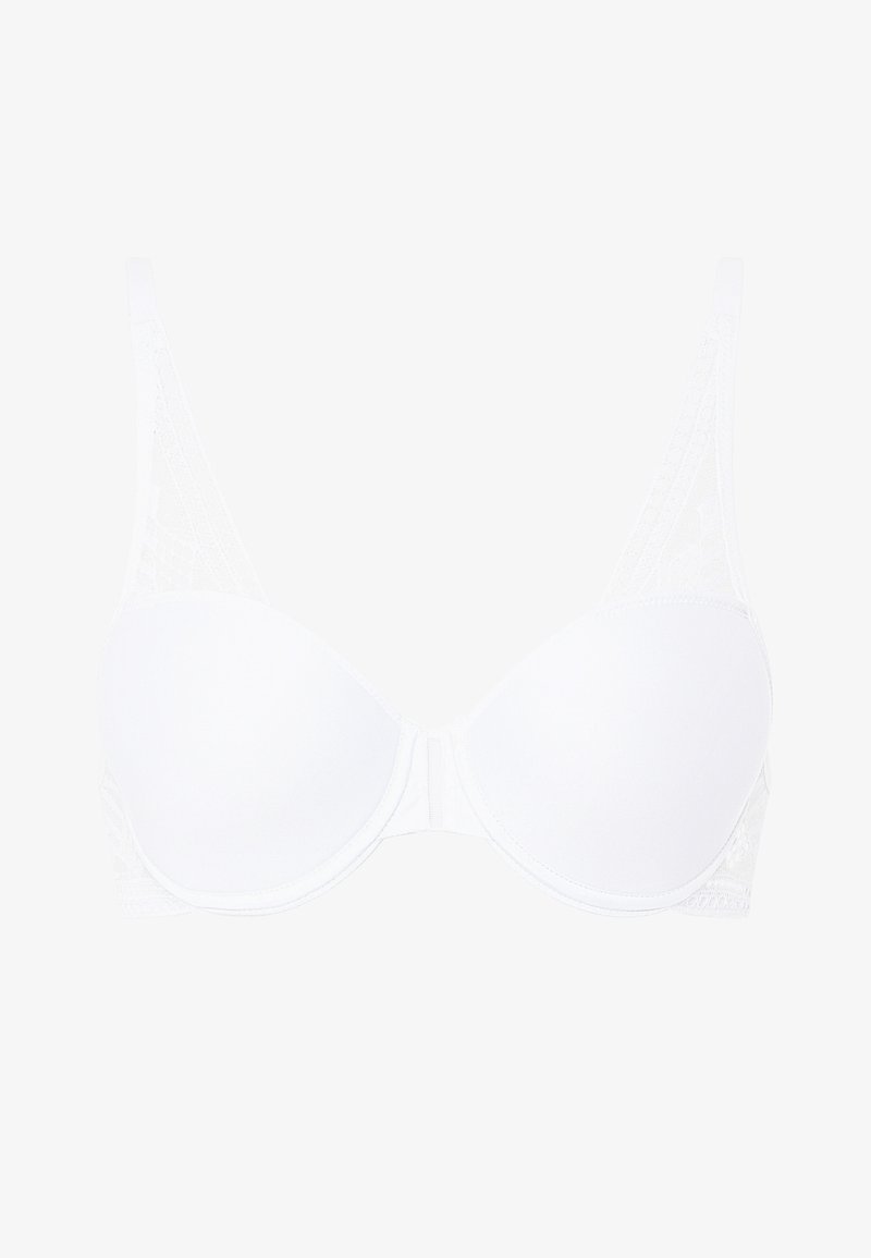 Hvit BH med glatte kopper og justerbare stropper. Sidene har et teksturert bladmønster, som gir støtte og et dekorativt element.