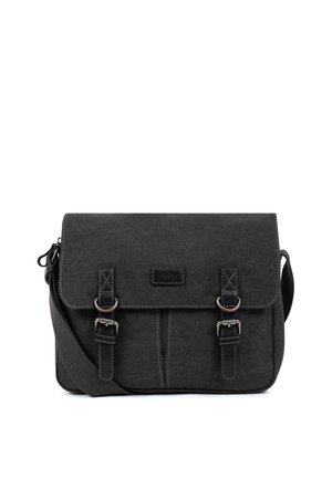 Sac messager en toile noire avec rabat avant maintenu par deux sangles à boucle et une bandoulière réglable.
