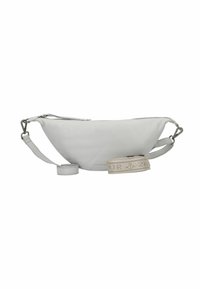 Bolso de hombro de cuero gris con un diseño redondeado y suave. Cuenta con una correa desmontable con un acento decorativo beige y cierre de cremallera.