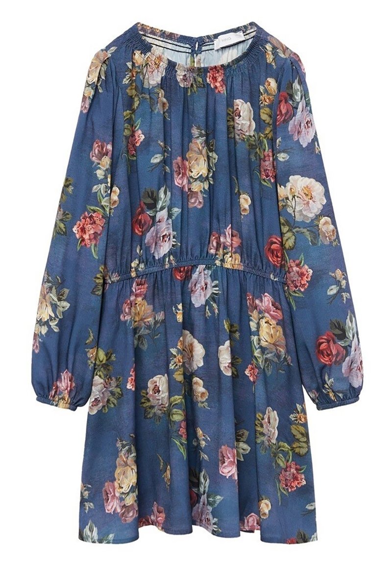 Květnatý tisk na modré látce, s dlouhými rukávy, nařaseným výstřihem a elastickým pasem. Akcenty růží a dalších květin po celém obvodu.