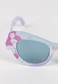 Children's sunglasses with light blue and purple frames featuring a mermaid design. Dark blue lenses and floral patterns on the frame.