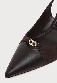Gros plan d'une chaussure plate noire à bout pointu avec des côtés en daim et une petite boucle décorative dorée sur le dessus avant.