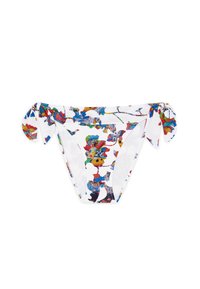 Bikini bottom in white with a colorful floral pattern. Features tie sides and a smooth texture. Shaped for a modern, minimal coverage fit.