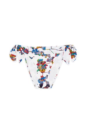 Bikini bottom in white with a colorful floral pattern. Features tie sides and a smooth texture. Shaped for a modern, minimal coverage fit.