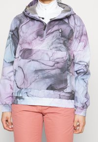 Veste à capuche avec un motif tourbillonnant violet et gris, fabriquée en tissu léger, dotée d'un col zippé et d'une poche frontale, ainsi que de poignets et d'un ourlet élastiques.