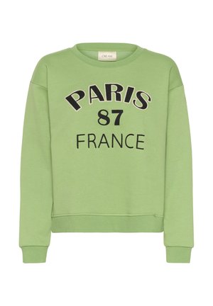 Sweatshirt léger vert amande à col ras du cou avec le texte "PARIS 87 FRANCE" en noir sur le devant, poignets et ourlet côtelés.