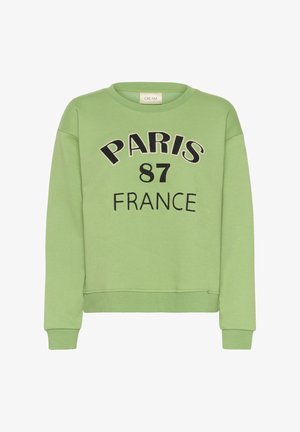 Sweatshirt léger vert amande à col ras du cou avec le texte "PARIS 87 FRANCE" en noir sur le devant, poignets et ourlet côtelés.