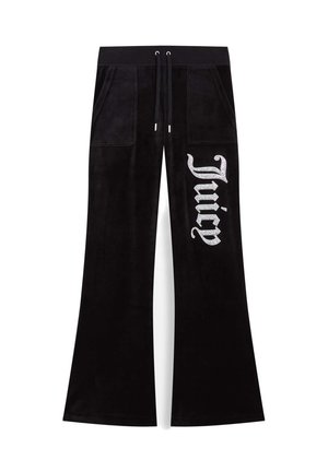 Black velour pants with a flared leg design, featuring two front pockets and "Juicy" logo in silver glitter on the left leg.
