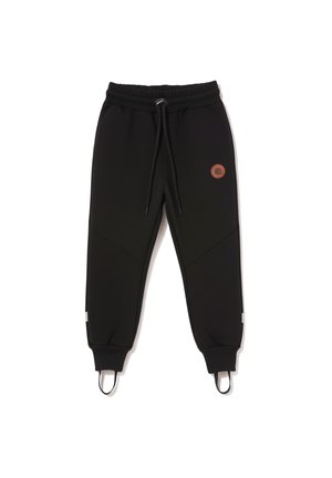 Czarne spodnie dresowe z elastycznym pasem, sznurkiem, prążkowanymi ściągaczami, paskami przy kostkach oraz małym okrągłym logo na górnej lewej części uda.