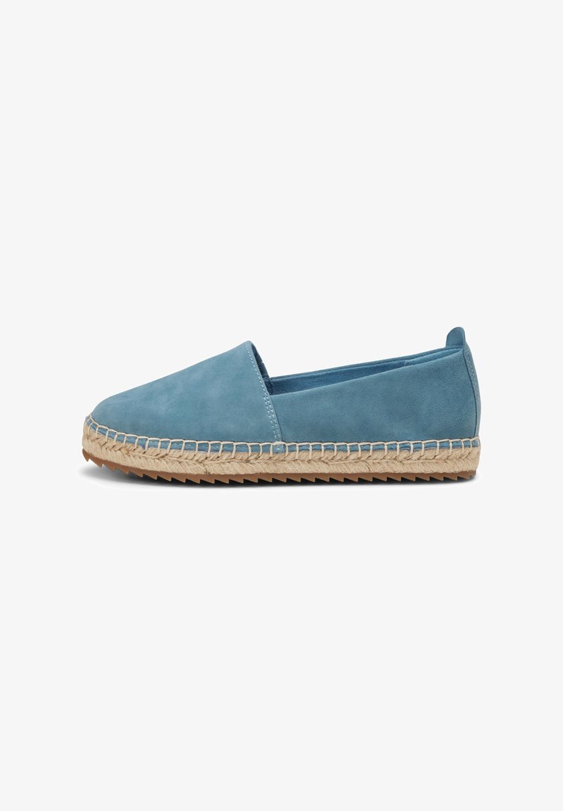 Blue suede slip-on shoe with a round toe and braided jute sole; features a smooth texture and minimal design with a reinforced back.