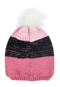 Berretto in maglia rosa, nero e bianco, con righe orizzontali e un pom-pom bianco peloso in cima. Morbido in texture di lana.