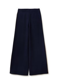 Granatowe spodnie o szerokich nogawkach z gładką fakturą, charakteryzujące się jednolitym kolorem i minimalistycznym designem. Brak widocznych ozdób czy elementów metalowych.