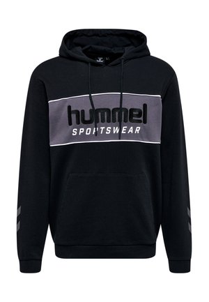 Haut à capuche noir avec une bande horizontale grise, logo "hummel" et "SPORTSWEAR" en blanc. Comprend des cordons de serrage et une poche avant. Tissu texturé.