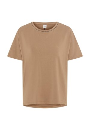 Beige T-shirt med korte ærmer og rund hals, med diskrete syninger omkring kraven og et lille rundt metallogo nær kanten.