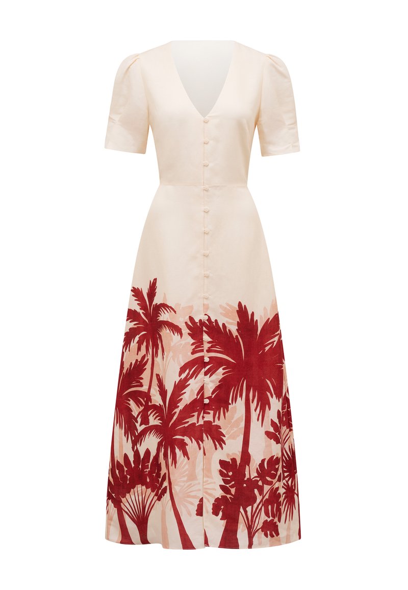 Katoenen midi-jurk met een V-hals, korte pofmouwen en een knoopsluiting aan de voorkant. Bevat een rode palmbomenprint op een lichtbeige achtergrond.